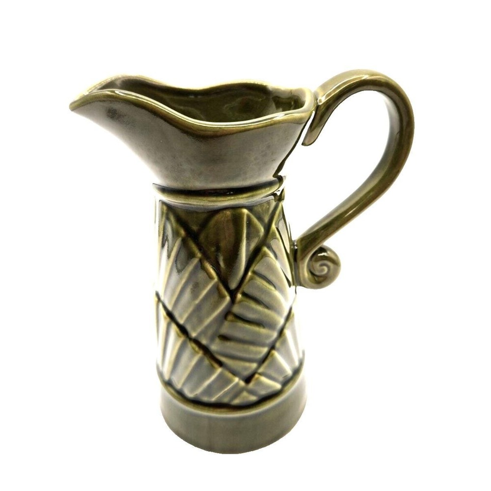 Mid Century Modern MCM Pitcher Vintage Avocado Green Geometric Ceramic 1970s